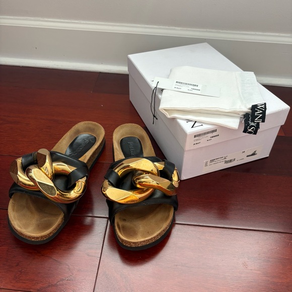 JW ANDERSON Shoes - JW Anderson Chain Link Sandal Slides Gold Black Leather